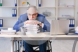 The aged employee in wheelchair working in the office