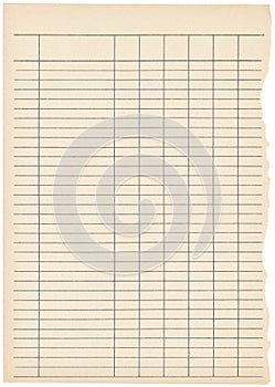 Aged empty blank for list. Template of a blank form with vertical and horizontal lines.