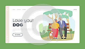 Aged Family Outdoor Relax with Pet Landing Page Template. Elderly Couple Characters Spending Time With Dog at City Park