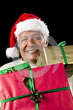 Aged Gentleman Peering Across Three Wrapped Gifts