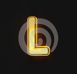 Aged gold brassy alphabet with orange outline and backlight - letter L isolated on black, 3D illustration of symbols