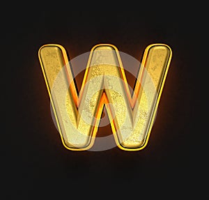 Aged gold brassy alphabet with orange outline and backlight - letter W isolated on black, 3D illustration of symbols