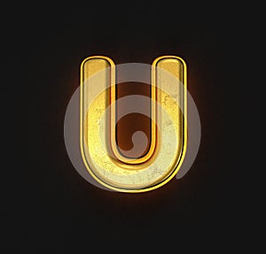 Aged gold brassy font with yellow outline and backlight - letter U isolated on black background, 3D illustration of symbols