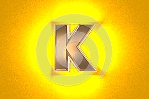 Aged gold or copper brassy alphabet with intense yellow noisy backlight - letter K isolated on orange, 3D illustration of symbols