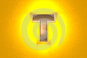 Aged gold or copper brassy alphabet with intense yellow noisy backlight - letter T isolated on orange, 3D illustration of symbols