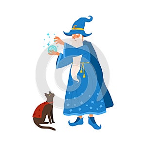 Aged gray haired mage conjure with magic ball. Portrait of old magician practicing wizardry with cat. Cute wise wizard