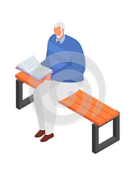 Aged gray haired male in jacket sitting outdoor park bench, old man hold and reading book cartoon vector illustration