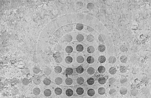 Aged grunge, scratched gray metal texture with circles. Old iron background