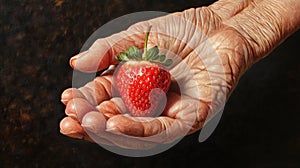 Aged hand holding a strawberry