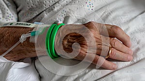 Aged hand with intravenous line in a hospital bed, close-up. Healthcare, medical treatment, and patient care concept