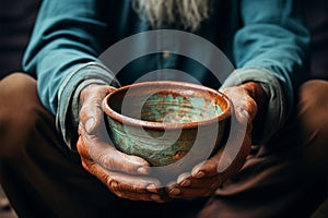 Aged hands clutch empty bowl, selective focus conveying the harshness of poverty