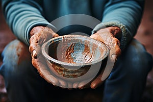 Aged hands clutch empty bowl, selective focus conveying the harshness of poverty
