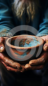 Aged hands clutch empty bowl, selective focus conveying the harshness of poverty