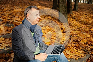 Aged handsome businessman sit on stairs covered with yellow fallen leaves in forest and work on laptop, side view.