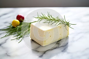 aged havarti cheese with dill sprigs on a marble surface