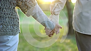 Aged husband and wife holding hands, togetherness and romantics, close-up