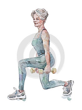 Aged lady training with dumbbells