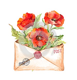 Aged mail envelope with red poppies flowers and postal stamps. Watercolor for anzac day, memorial design