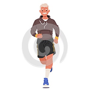 Aged Male Character Jogging. Silver-haired Gentleman Strides Steadily Along The Path, Proving Age Is No Barrier