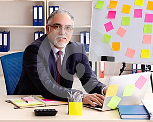 Aged man employee in conflicting priorities concept
