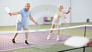 Aged man and woman playing friendly doubles pickleball