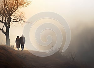 aged man and woman walking side by side. loving mature couple. back view, rear view, full view.