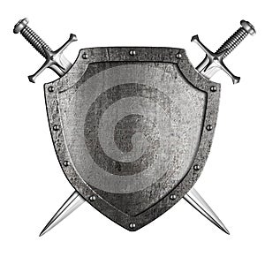 Aged metal knight shield with two crossed swords coat of arms