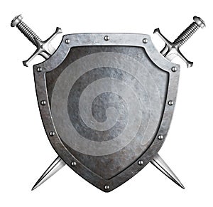 Aged metal shield with crossed swords coat of arms