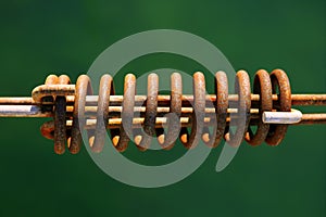 Aged mooring rusted spring on green water