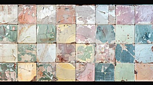 Aged Mosaic Wall Texture With Peeling Paint In Rustic pastel Neutral Tones. Abstract background of old pieces