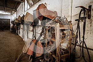 Aged old horse barn interior with saddles hanging on wall