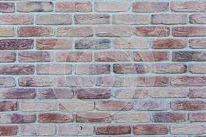 Aged Old Red White Gray Brick Wall Texture Destroyed Concrete Horizontal Background. Shabby Urban Messy Brickwall Structure. Stone