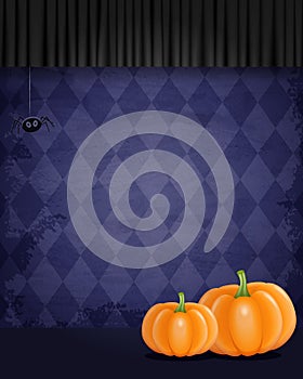 Aged old room with violet diamond-shaped grunge wallpaper, spider and pumpkins