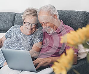 Aged old senior couple using together a laptop sitting on the sofa surfing the web. Looking for on web internet pages concept