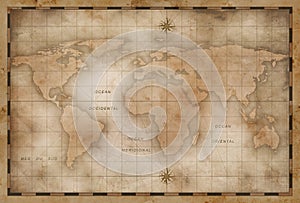 Aged or old world map stylization photo