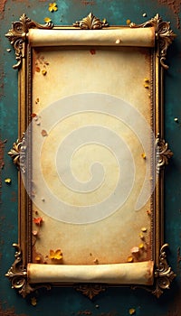 Aged parchment in ornate frame, textured backdrop, gilt, gold, photo