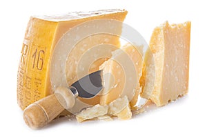 Parmesan cheese or parmigiano reggiano isolated on white background photo