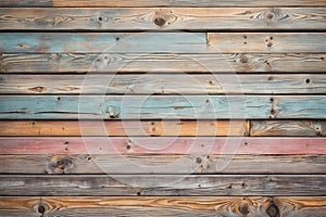 Aged pastel wooden planks with a mix of natural, blue, and orange tones