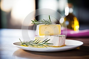 aged pecorino cheese block with olive oil and rosemary
