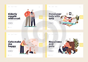 Aged people and cats. Set of landing pages with cartoon pensioners caring of domestic pets