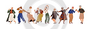 Aged people having fun at senior dance party. Happy old man and woman dancing with joy. Active elderly females and males