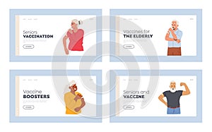 Aged People Vaccination, Health Care Concept Landing Page Template Set. Vaccinated Senior Characters Immunization