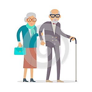 Aged People Walk Isolated. Happy Senior Man Woman