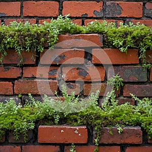 Aged Red Brick Wall Featuring Lichen and Moss Growth photo