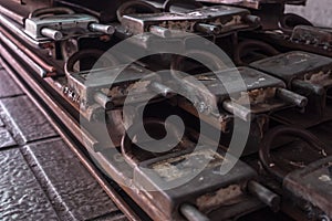 An aged rust lock door frame on the floor