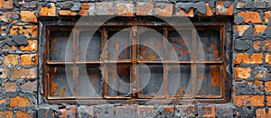 Aged Rusted Window With Bars on Brick Wall