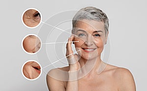 Aged Skin Care. Collage of beautiful mature woman with zoomed wrinkles zones photo