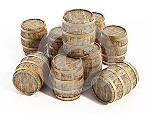 Aged stack of wine barrels isolated on white background. 3D illustration