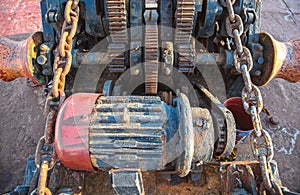 Aged technology: Old and rusty gearwheel on an old ship - retro