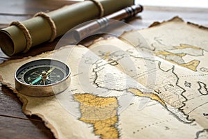 Aged treasure map with compass background